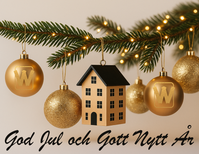 God-jul-hälsning med guldiga julkulor som hänger i en grangren tillsammans med en liten hyresfastighet.